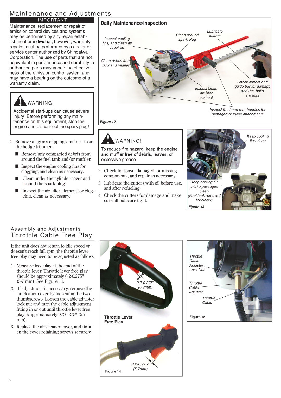 Shindaiwa HT2510/EVC, EVC 81715 manual Maintenance and Adjustments, Throttle Cable Free Play, Daily Maintenance/Inspection 