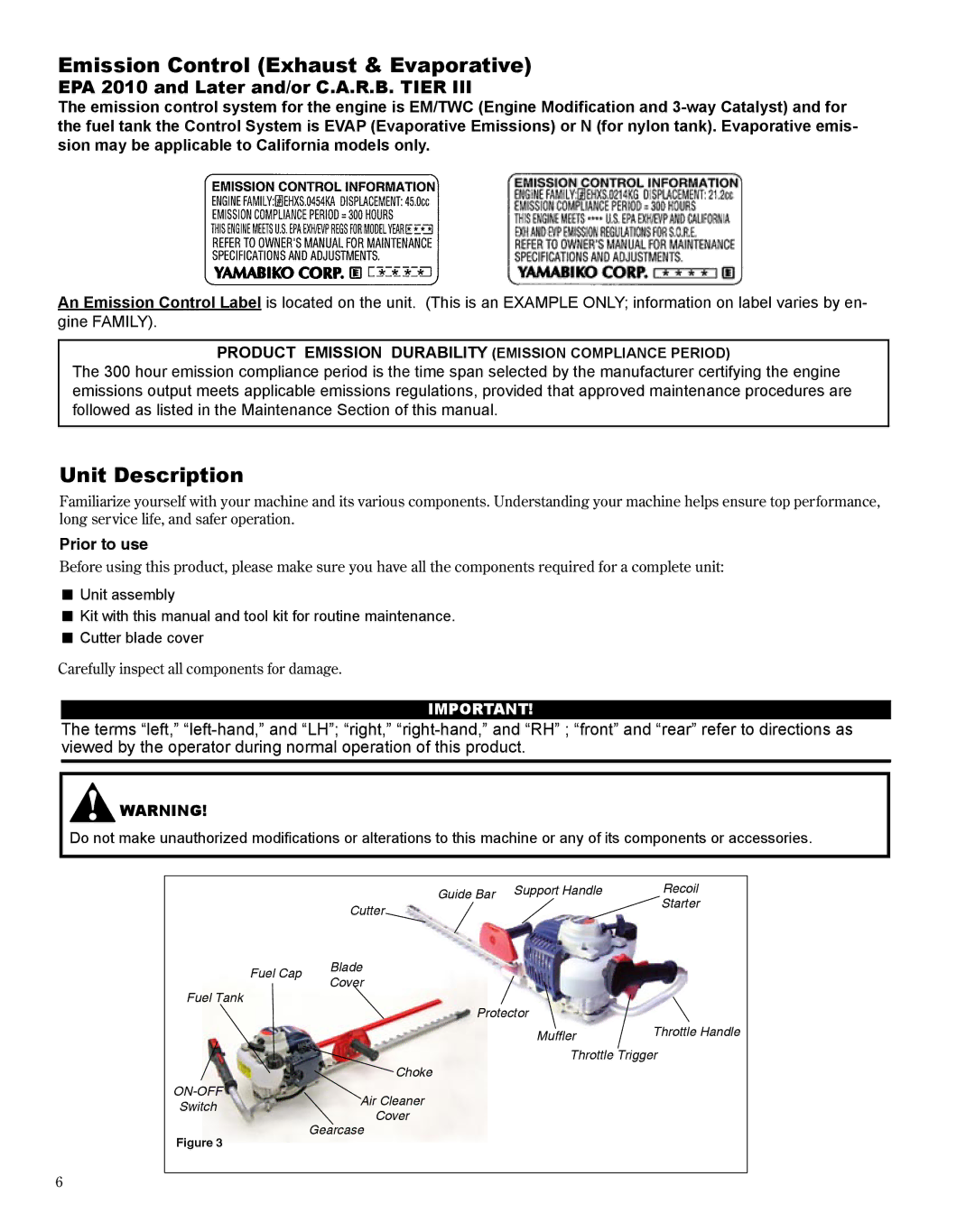 Shindaiwa HT254EF, X7502864200 manual Emission Control Exhaust & Evaporative, Unit Description, Prior to use 