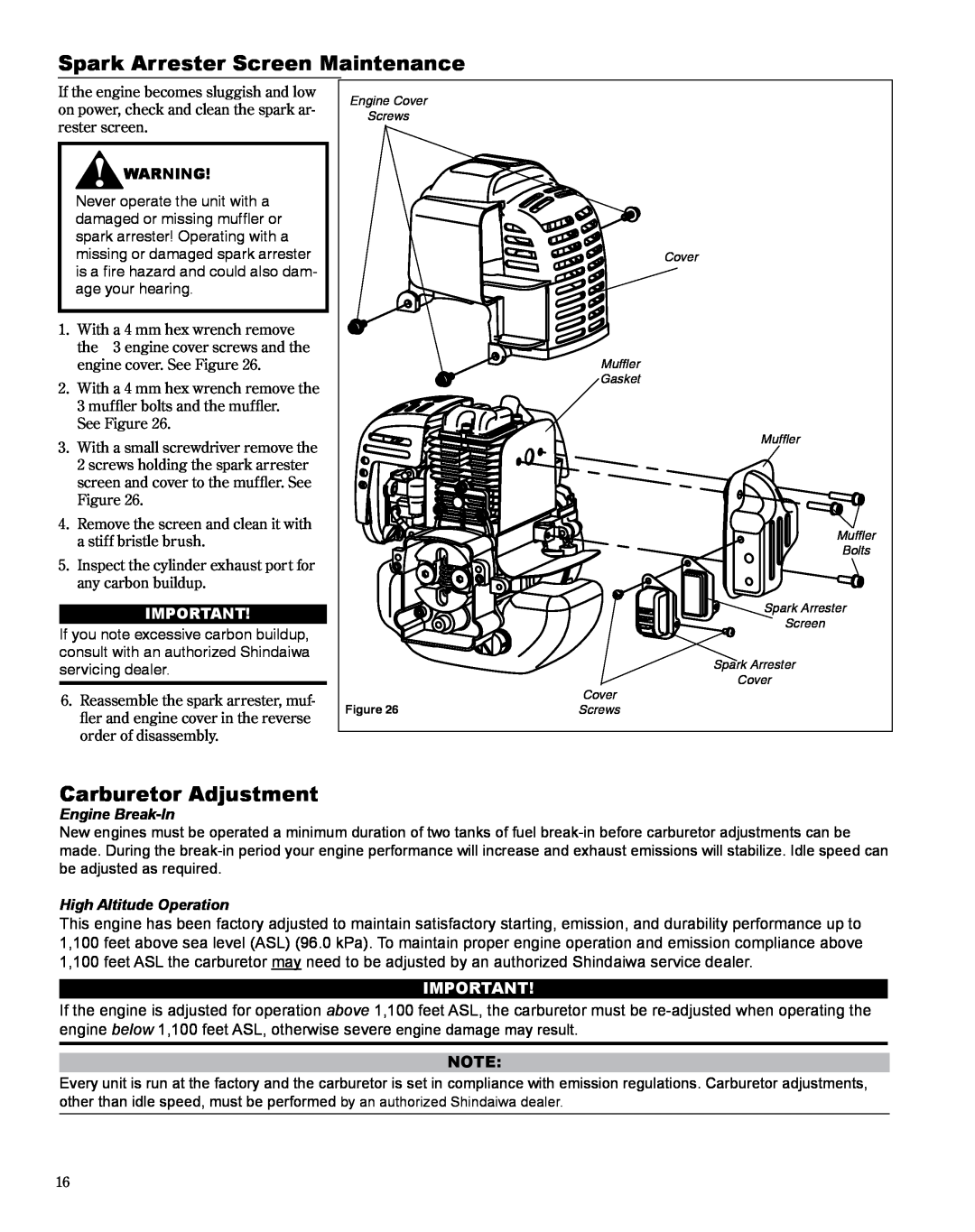 Shindaiwa HT254EF manual Spark Arrester Screen Maintenance, Carburetor Adjustment, Engine Break-In, High Altitude Operation 