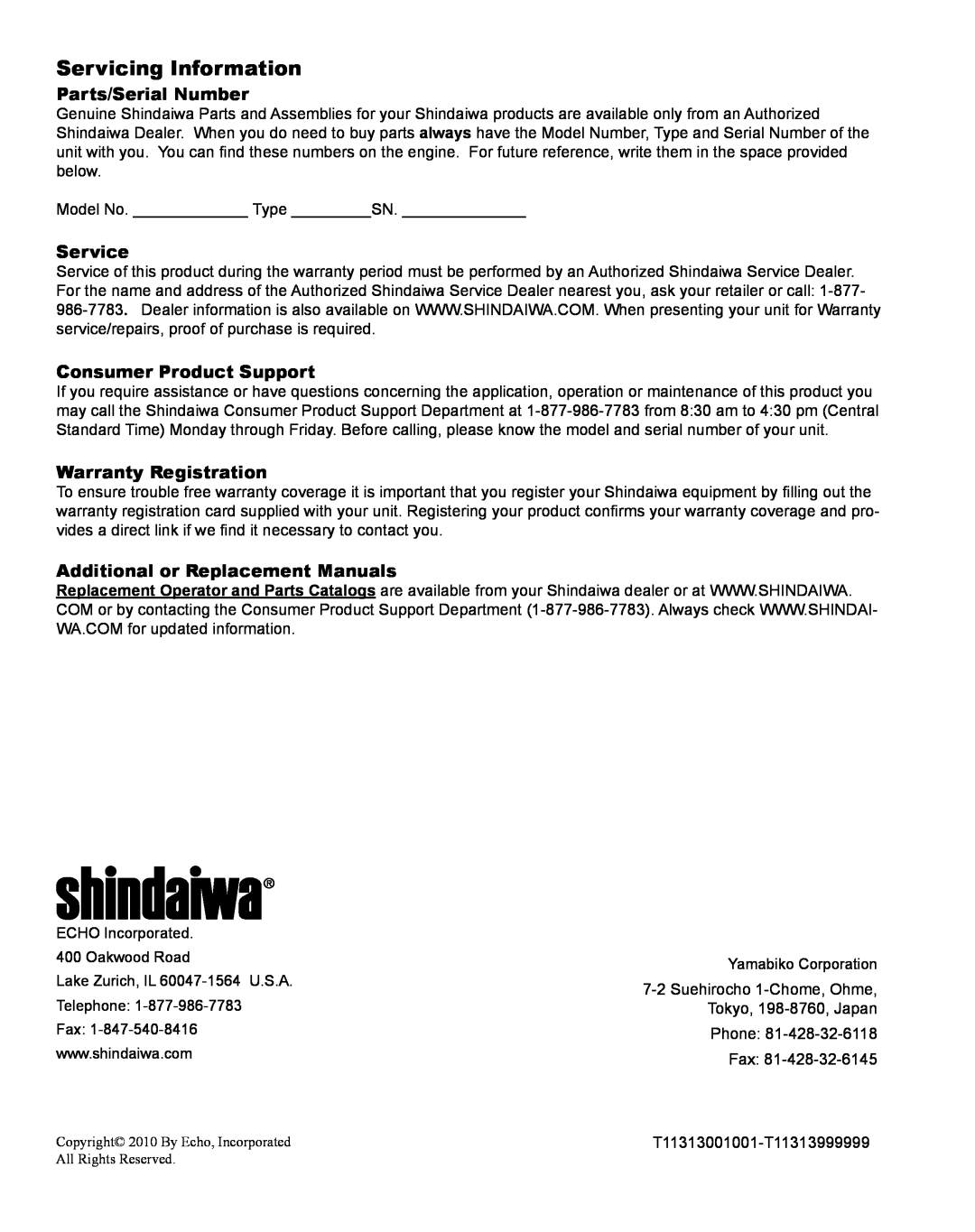Shindaiwa HT254EF Servicing Information, Parts/Serial Number, Service, Consumer Product Support, Warranty Registration 