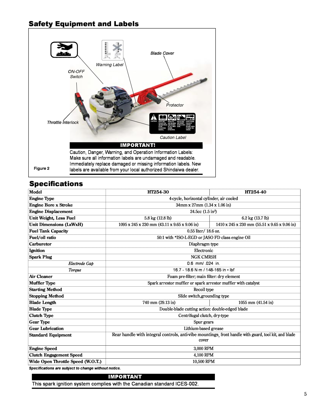 Shindaiwa X7502864200, HT254EF manual Safety Equipment and Labels, Specifications, Electrode Gap, Torque 