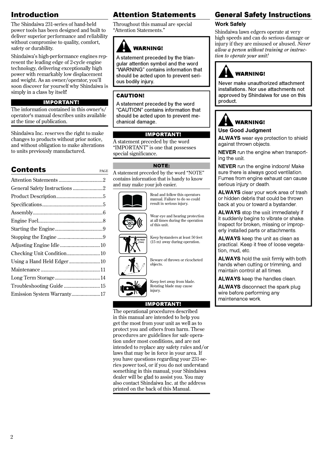 Shindaiwa 62719-94310, LE231/EVC manual Introduction, Contents, General Safety Instructions 