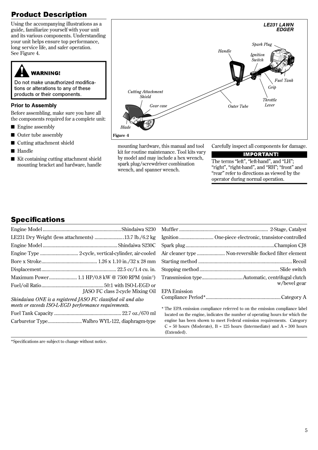 Shindaiwa 62719-94310, LE231/EVC manual Product Description, Specifications, Prior to Assembly 