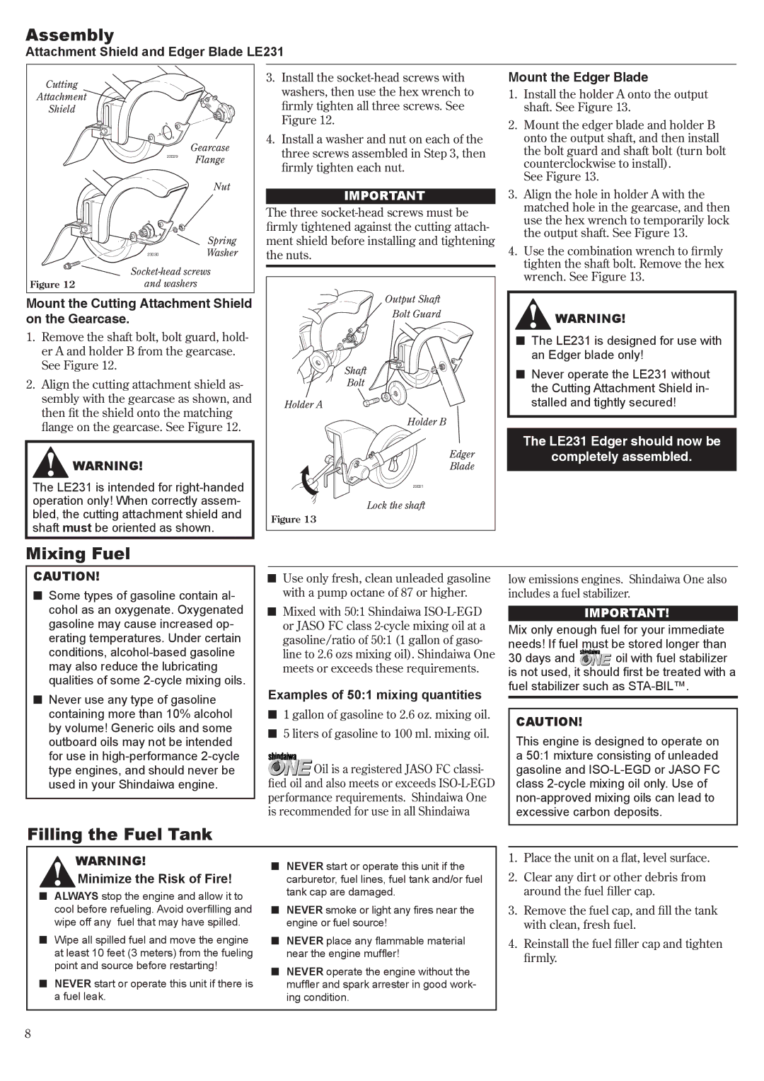 Shindaiwa 62719-94310, LE231/EVC manual Mixing Fuel, Filling the Fuel Tank, Attachment Shield and Edger Blade LE231 