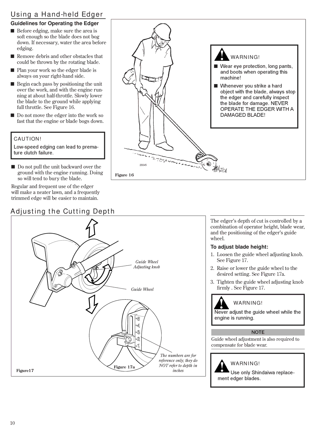 Shindaiwa LE242, 81532 manual Using a Hand-held Edger, Adjusting the Cutting Depth, Guidelines for Operating the Edger 