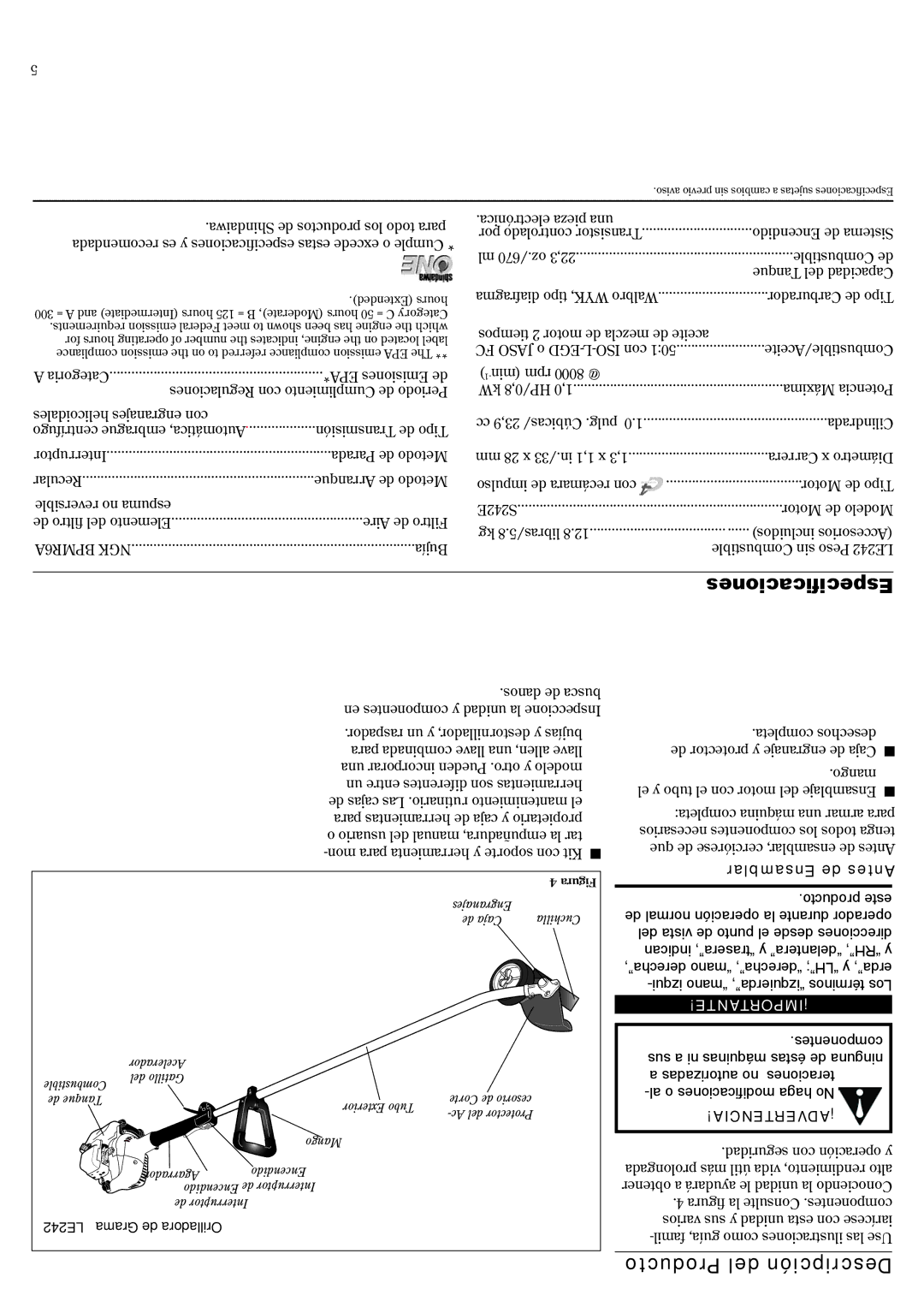 Shindaiwa LE242, 81532 manual Especificaciones, Ensamblar de Antes, De normal operación la durante operador 