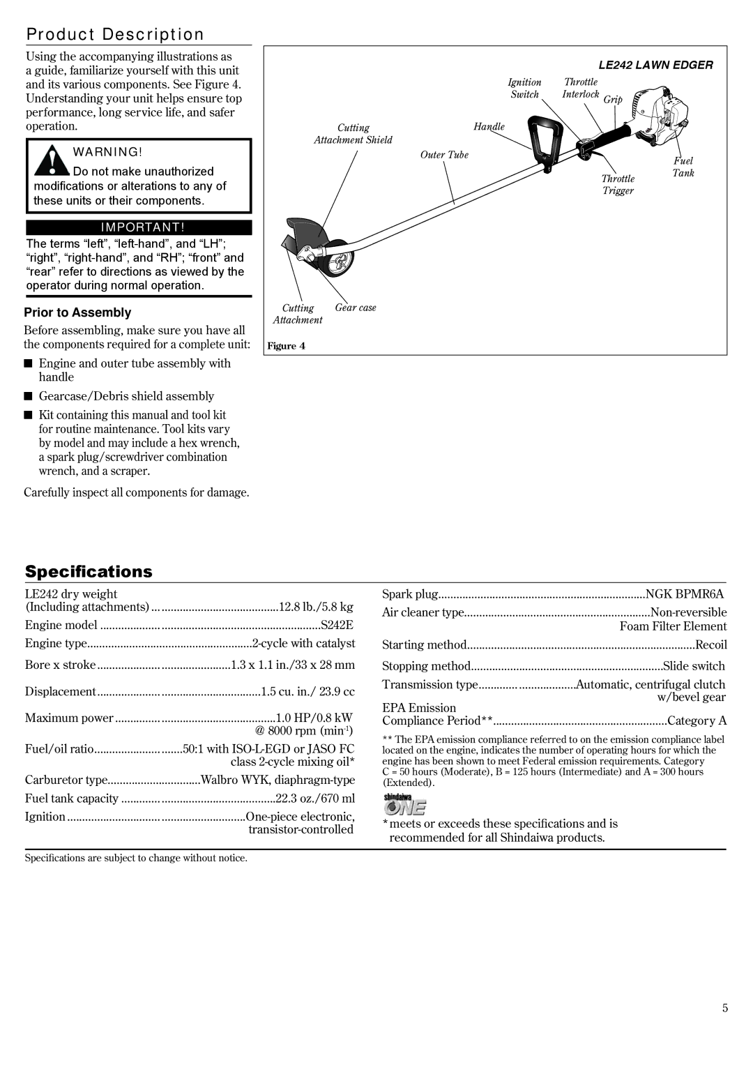 Shindaiwa 81532, LE242 manual Product Description, Specifications, Prior to Assembly 