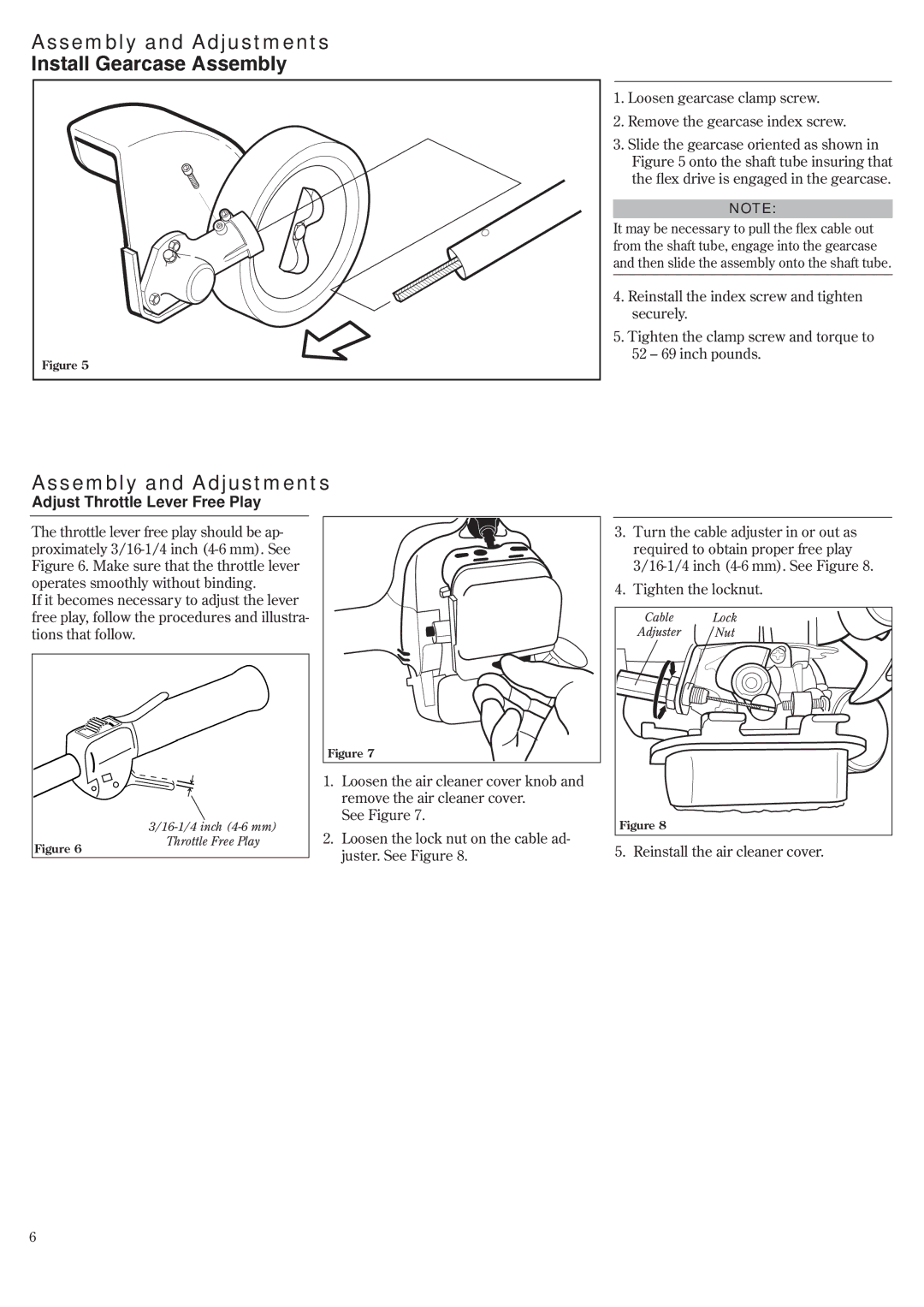 Shindaiwa LE242, 81532 manual Assembly and Adjustments Install Gearcase Assembly, Adjust Throttle Lever Free Play 