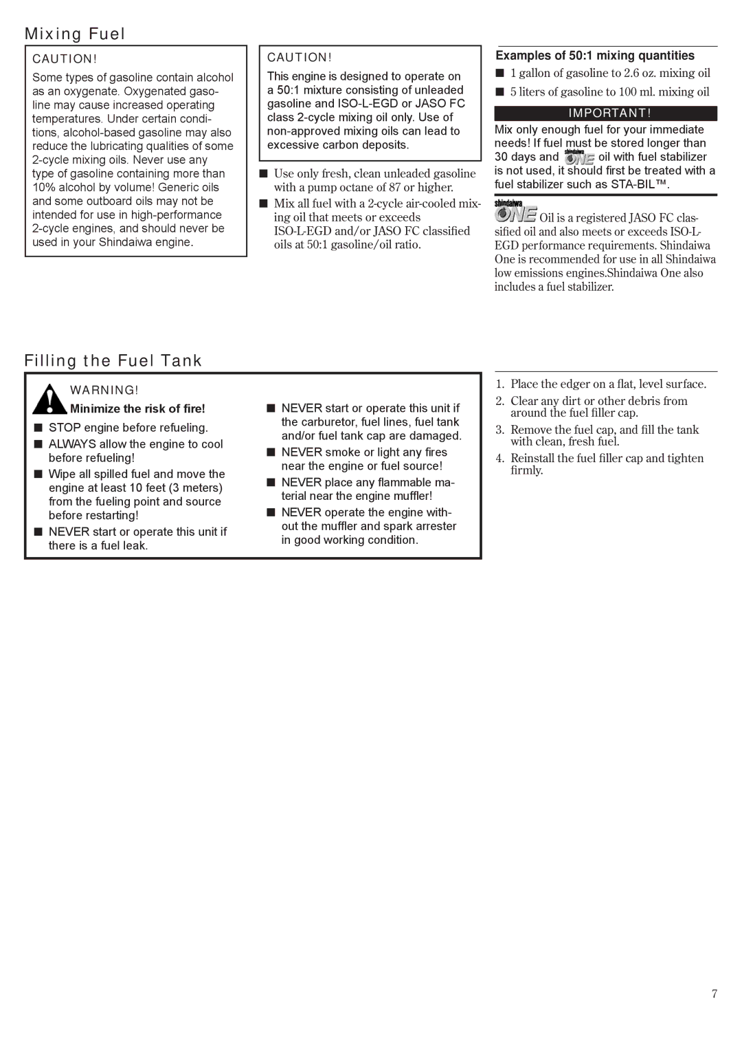 Shindaiwa 81532, LE242 manual Mixing Fuel, Filling the Fuel Tank, Examples of 501 mixing quantities 