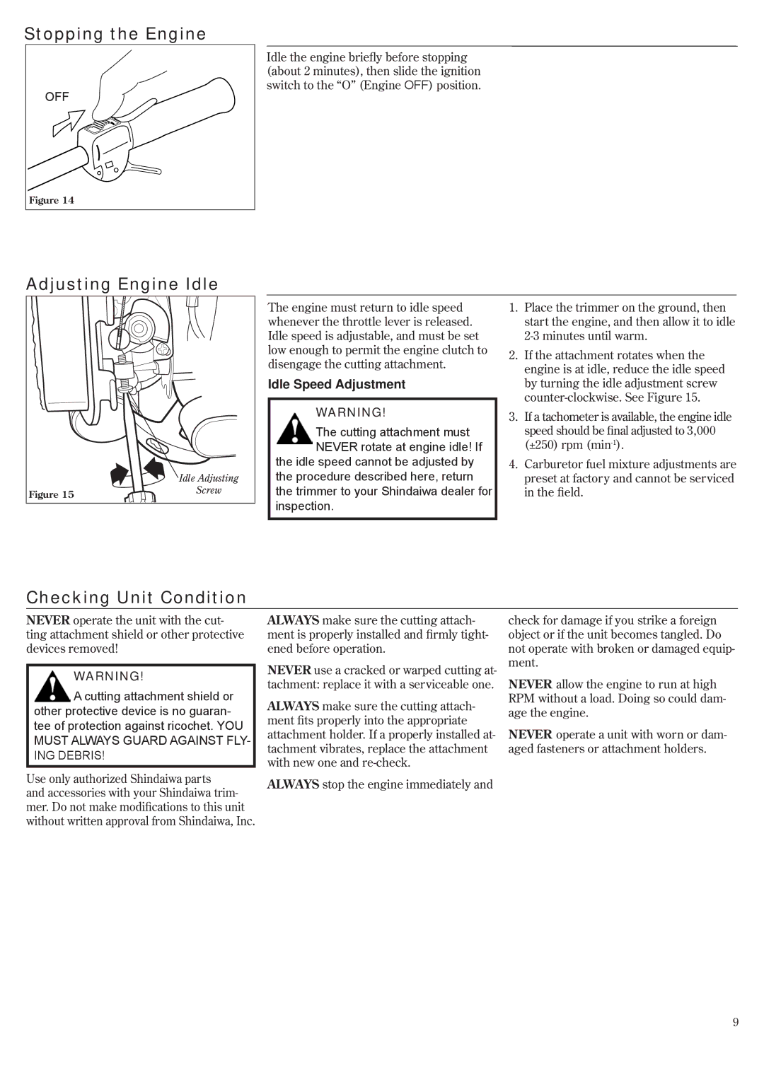 Shindaiwa 81532 Stopping the Engine, Checking Unit Condition, Idle Speed Adjustment, Use only authorized Shindaiwa parts 