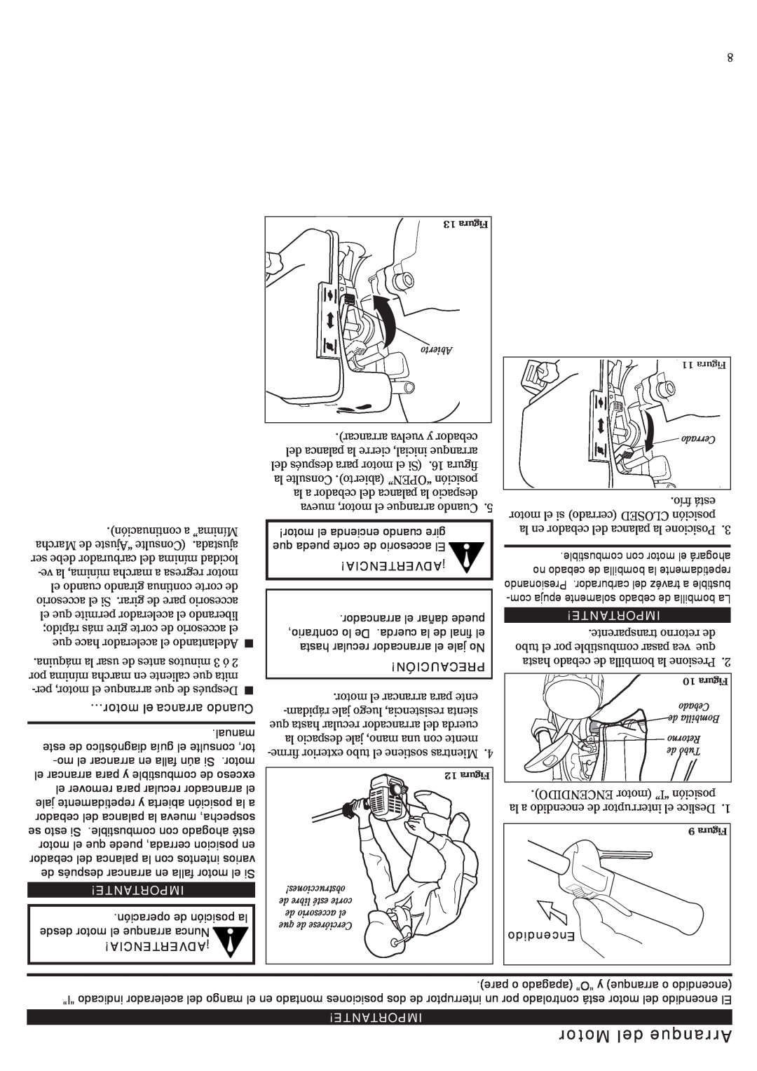 Shindaiwa 81532, LE242 manual Motor del Arranque, …motor el arranca Cuando, Encendido, Importante, ¡Advertencia, Precaución 