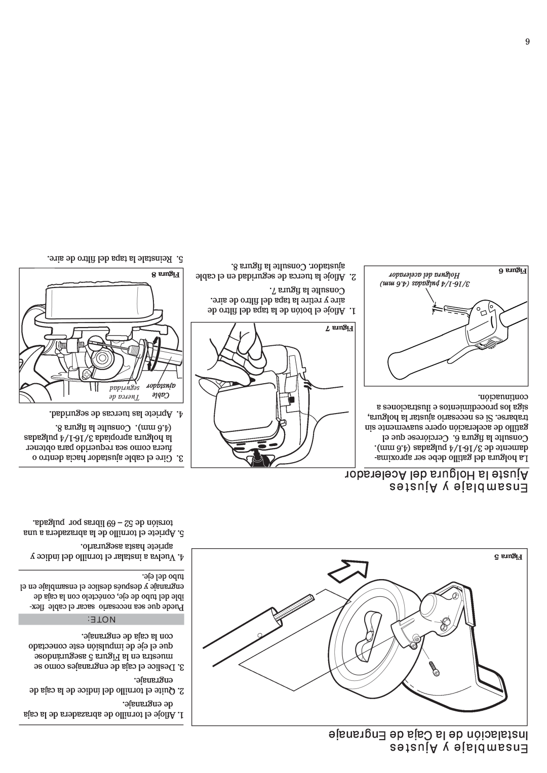 Shindaiwa 81532, LE242 manual Acelerador del Holgura la Ajuste, Ajustes y Ensamblaje, Engranaje de Caja la de Instalación 