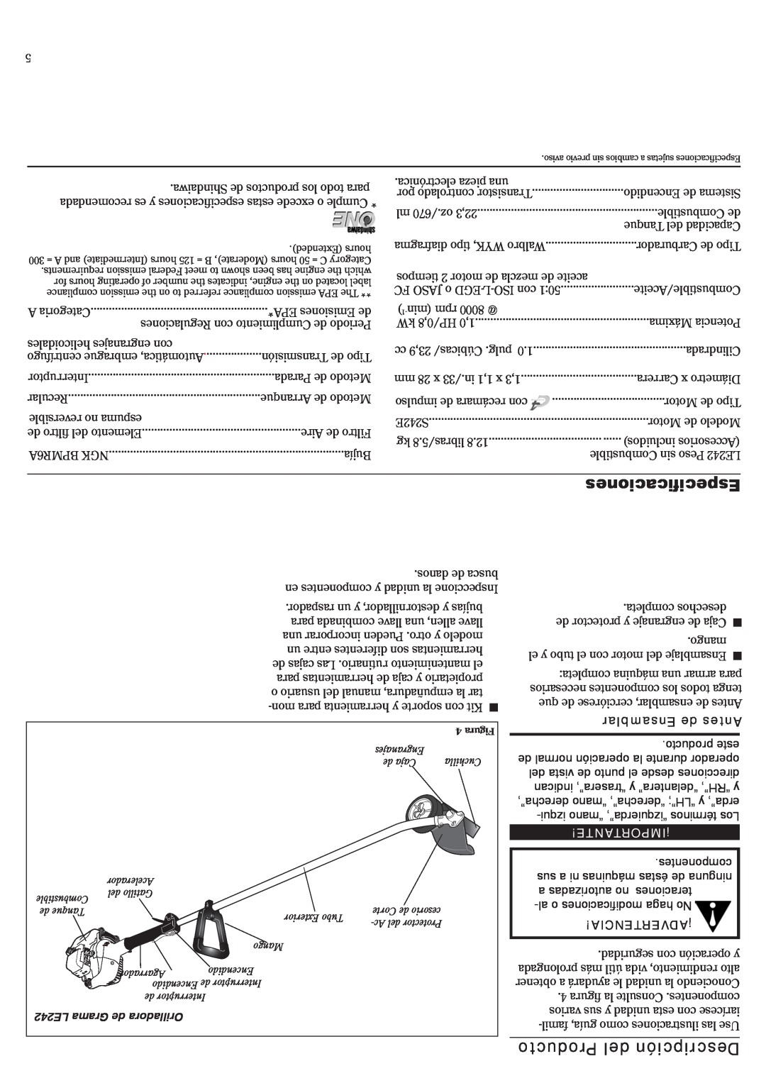 Shindaiwa LE242, 81532 manual Especificaciones, Producto del Descripción, Ensamblar de Antes, Importante!¡, ¡Advertencia 