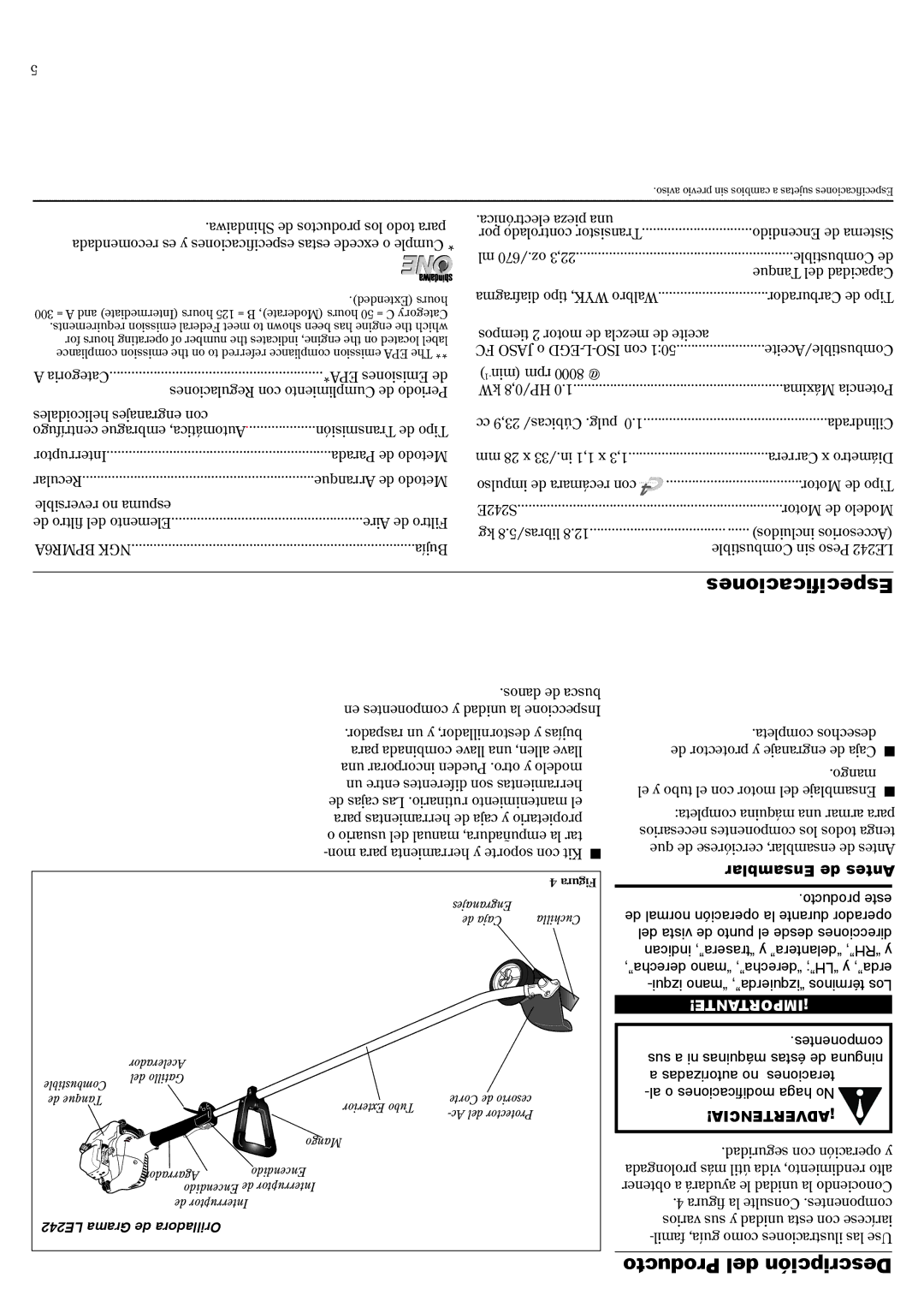 Shindaiwa LE242/EVC, 81604 manual Especificaciones, Ensamblar de Antes, De normal operación la durante operador 