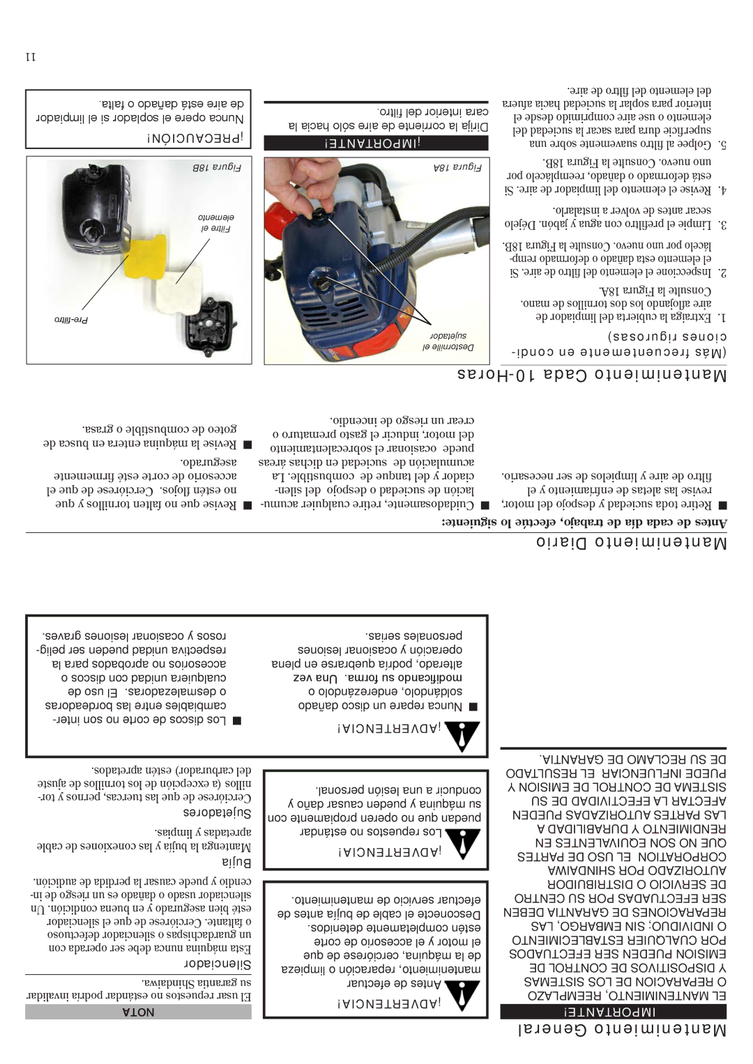 Shindaiwa LE2510, 81719 manual Horas-10 Cada Mantenimiento, Diario Mantenimiento, General Mantenimiento 