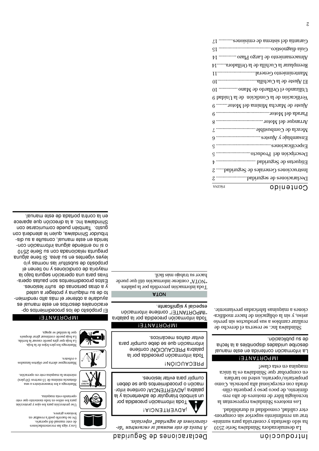 Shindaiwa 81719, LE2510 manual Contenido, Seguridad de Declaraciones Introducción 