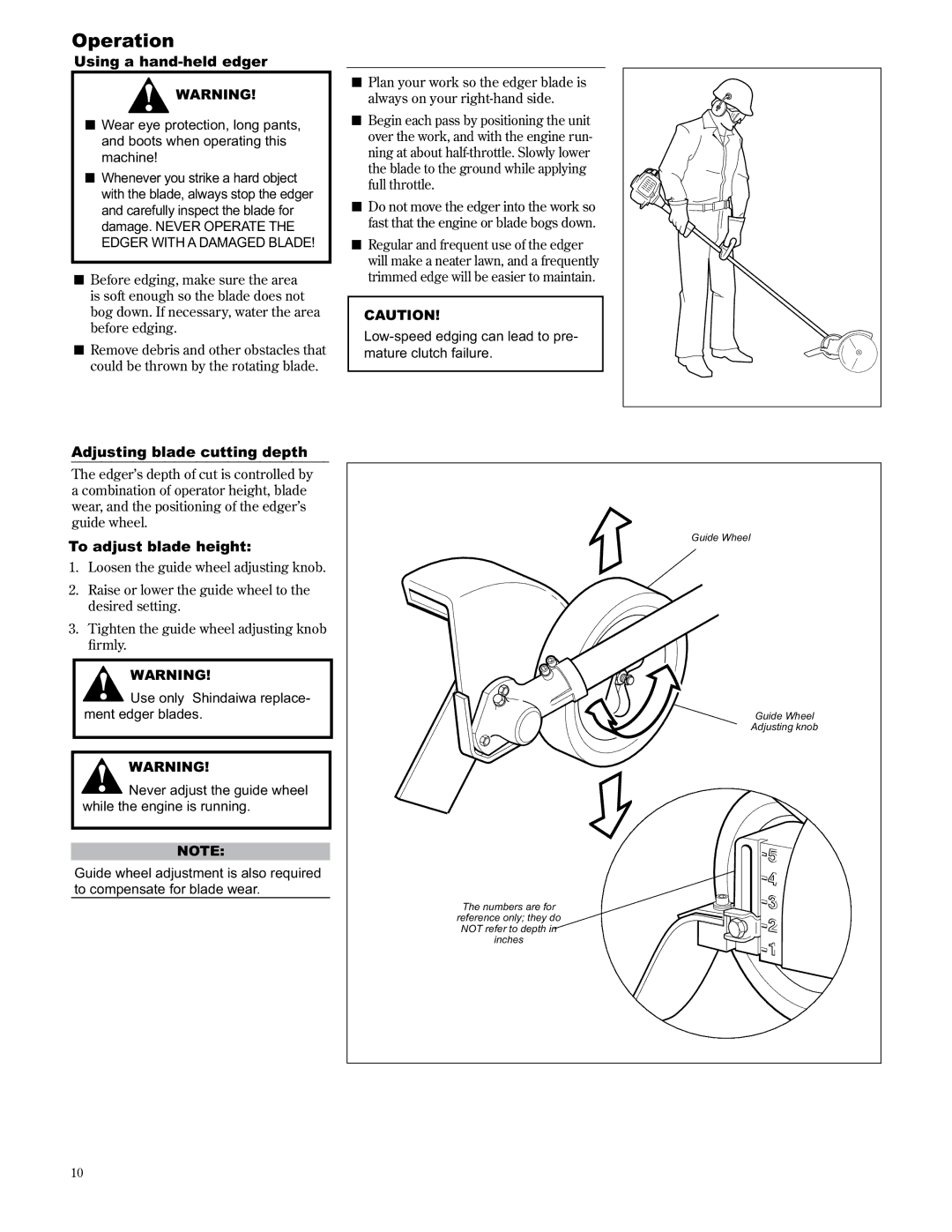 Shindaiwa LE2510/EVC, 89307 manual Operation, Using a hand-held edger, Adjusting blade cutting depth, To adjust blade height 