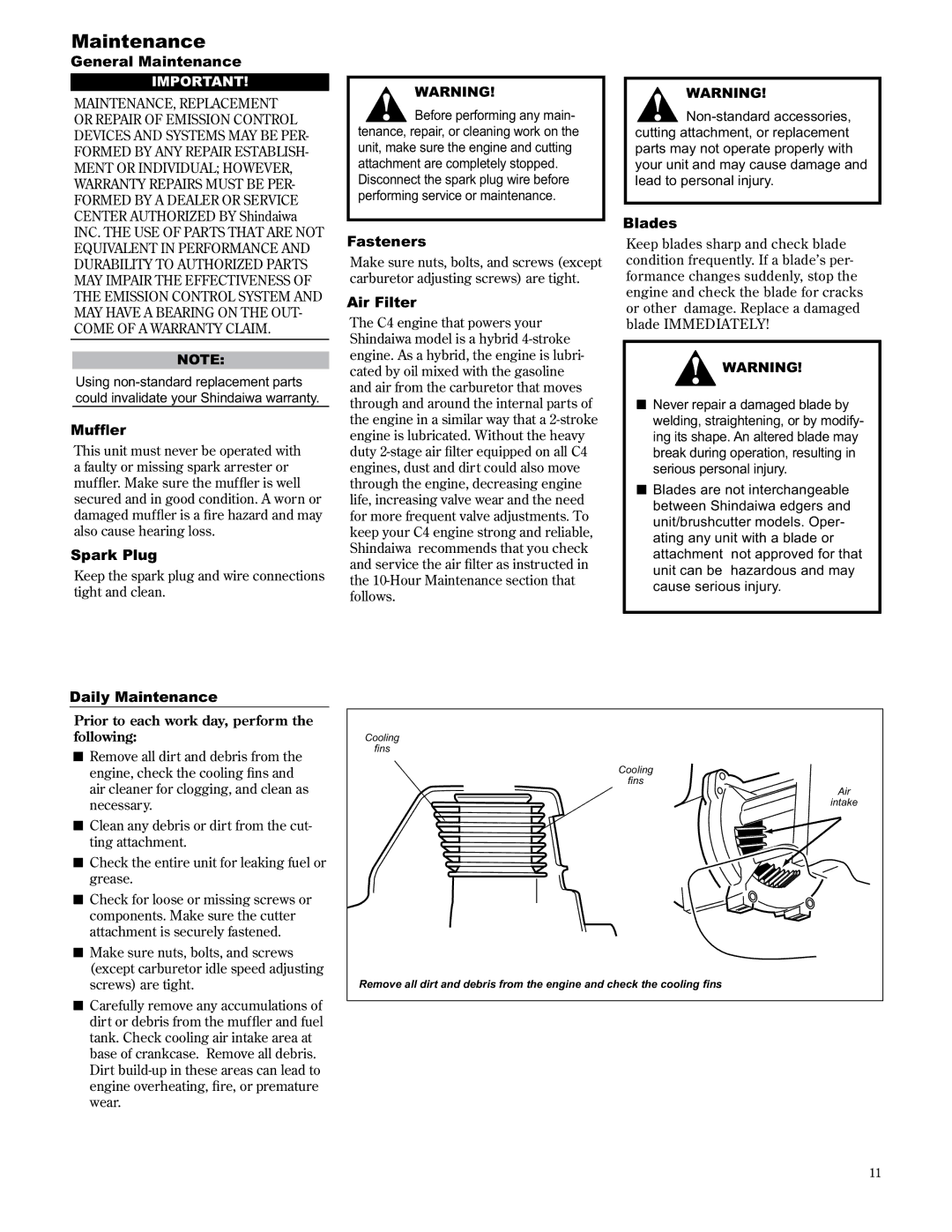 Shindaiwa 89307, LE2510/EVC manual Maintenance 