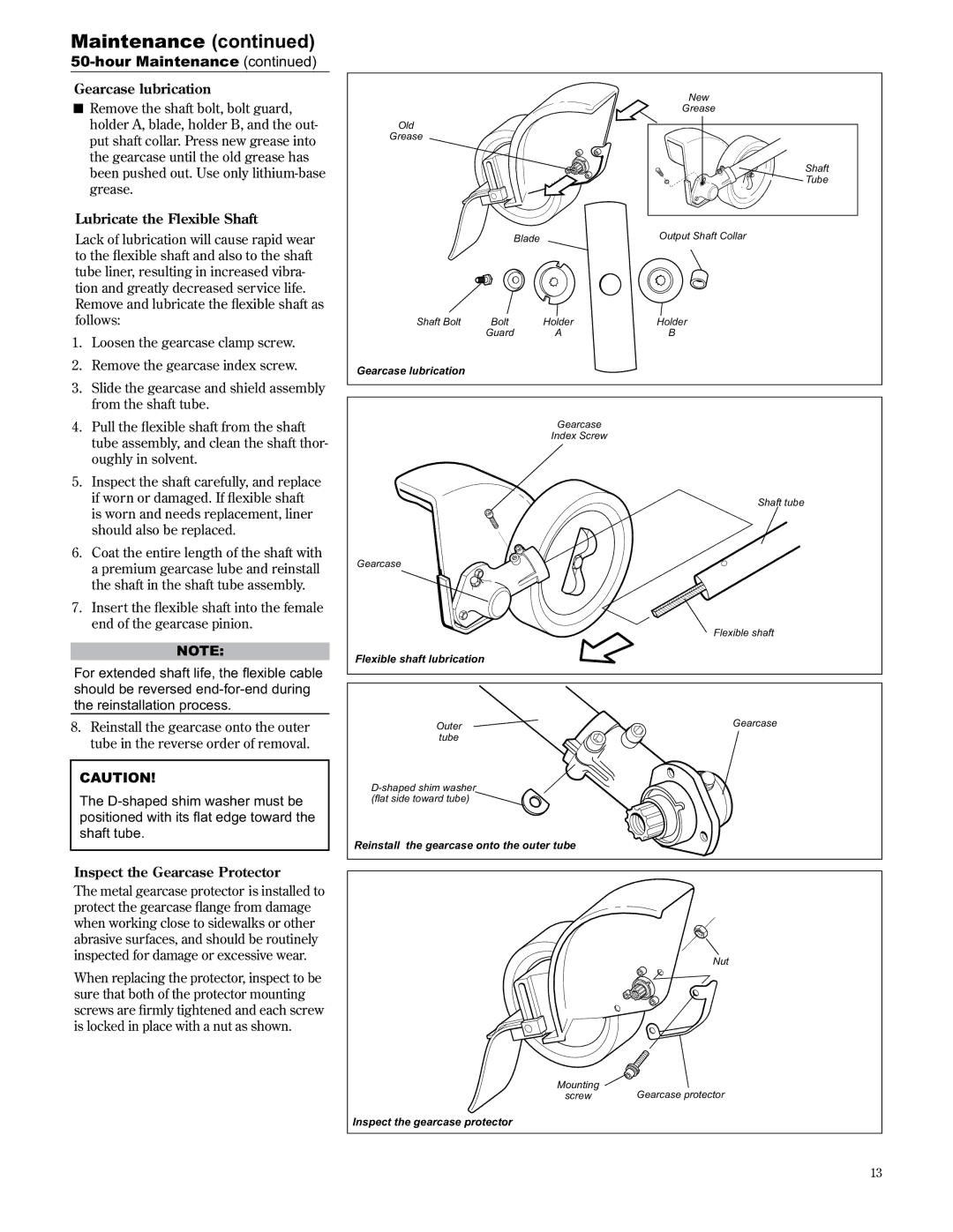 Shindaiwa 89307, LE2510/EVC manual Gearcase lubrication, Lubricate the Flexible Shaft, D-shaped shim washer must be 