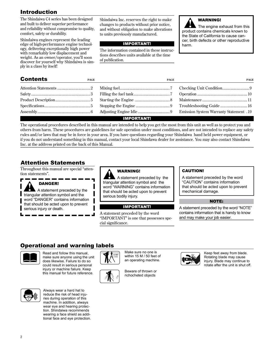 Shindaiwa LE2510/EVC, 89307 manual Introduction, Contents, Operational and warning labels 