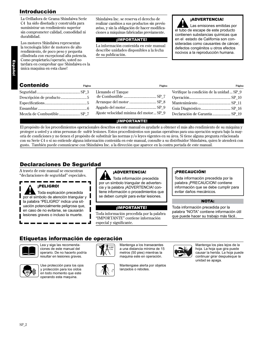 Shindaiwa LE2510/EVC, 89307 manual Introducción, Contenido, Declaraciones De Seguridad, Etiquetas información de operación 