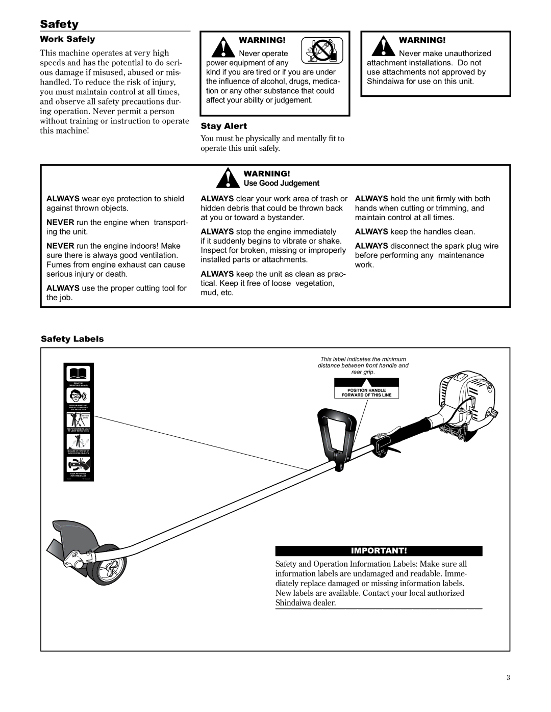 Shindaiwa 89307, LE2510/EVC manual Work Safely, Stay Alert, Safety Labels, Use Good Judgement 