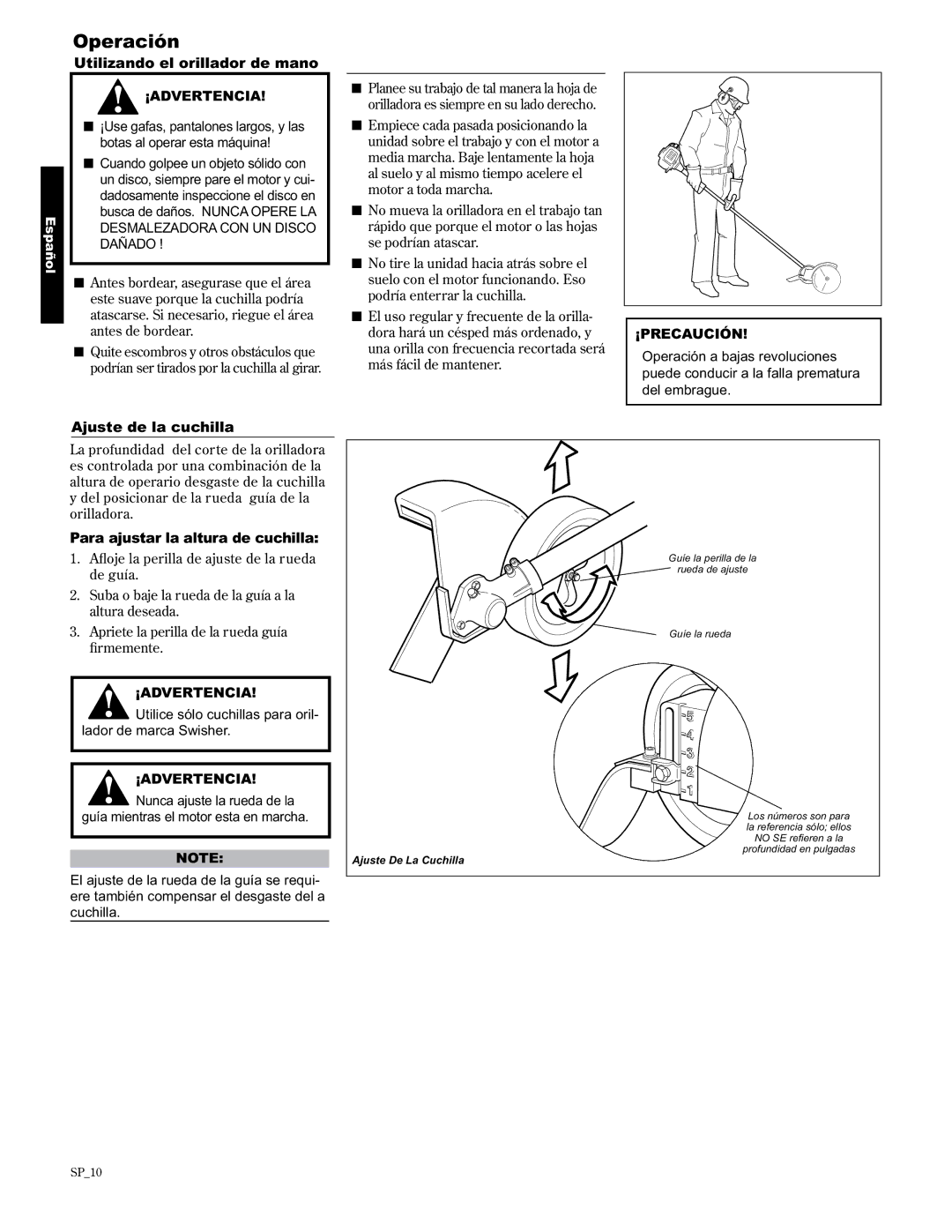 Shindaiwa LE2510/EVC Operación, Utilizando el orillador de mano, Ajuste de la cuchilla, Para ajustar la altura de cuchilla 