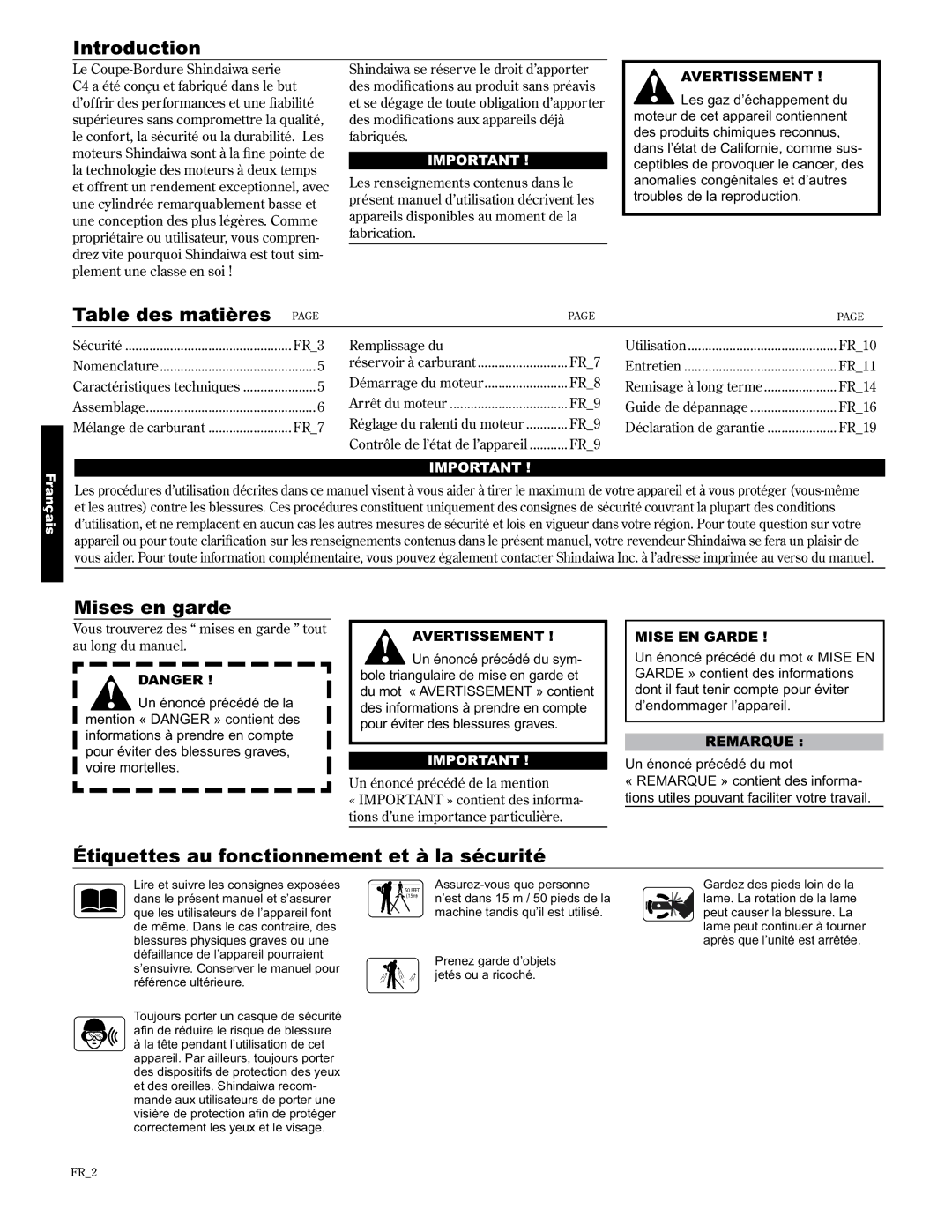 Shindaiwa LE2510/EVC, 89307 manual Table des matières, Mises en garde, Étiquettes au fonctionnement et à la sécurité 