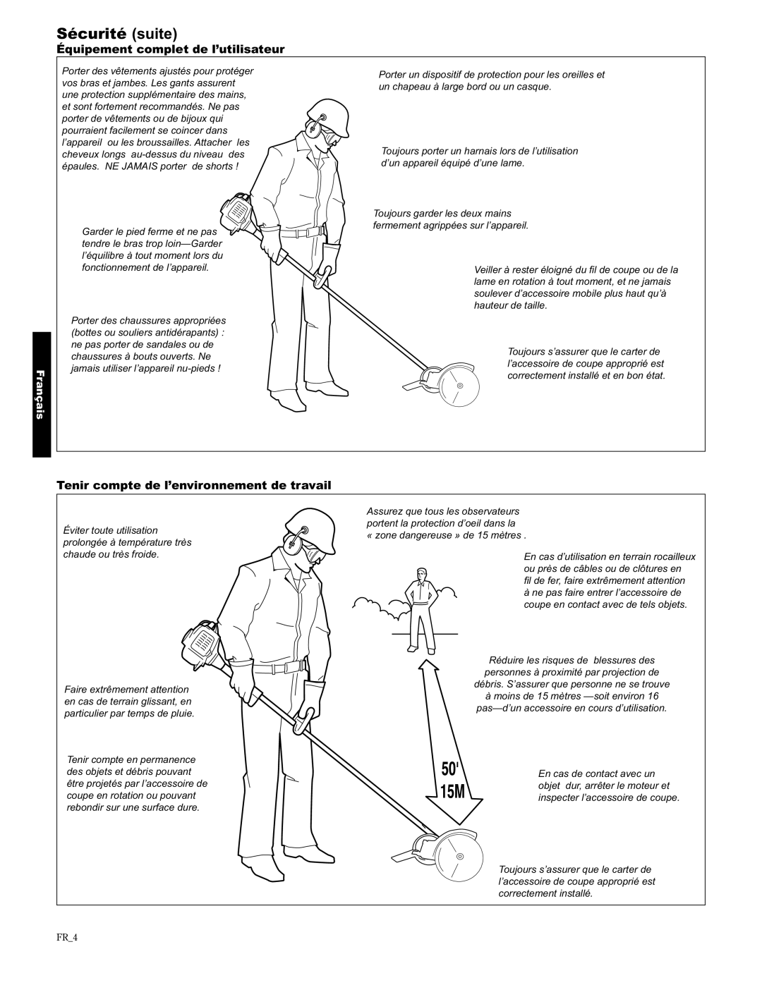 Shindaiwa LE2510/EVC manual Sécurité suite, Équipement complet de l’utilisateur, Tenir compte de l’environnement de travail 