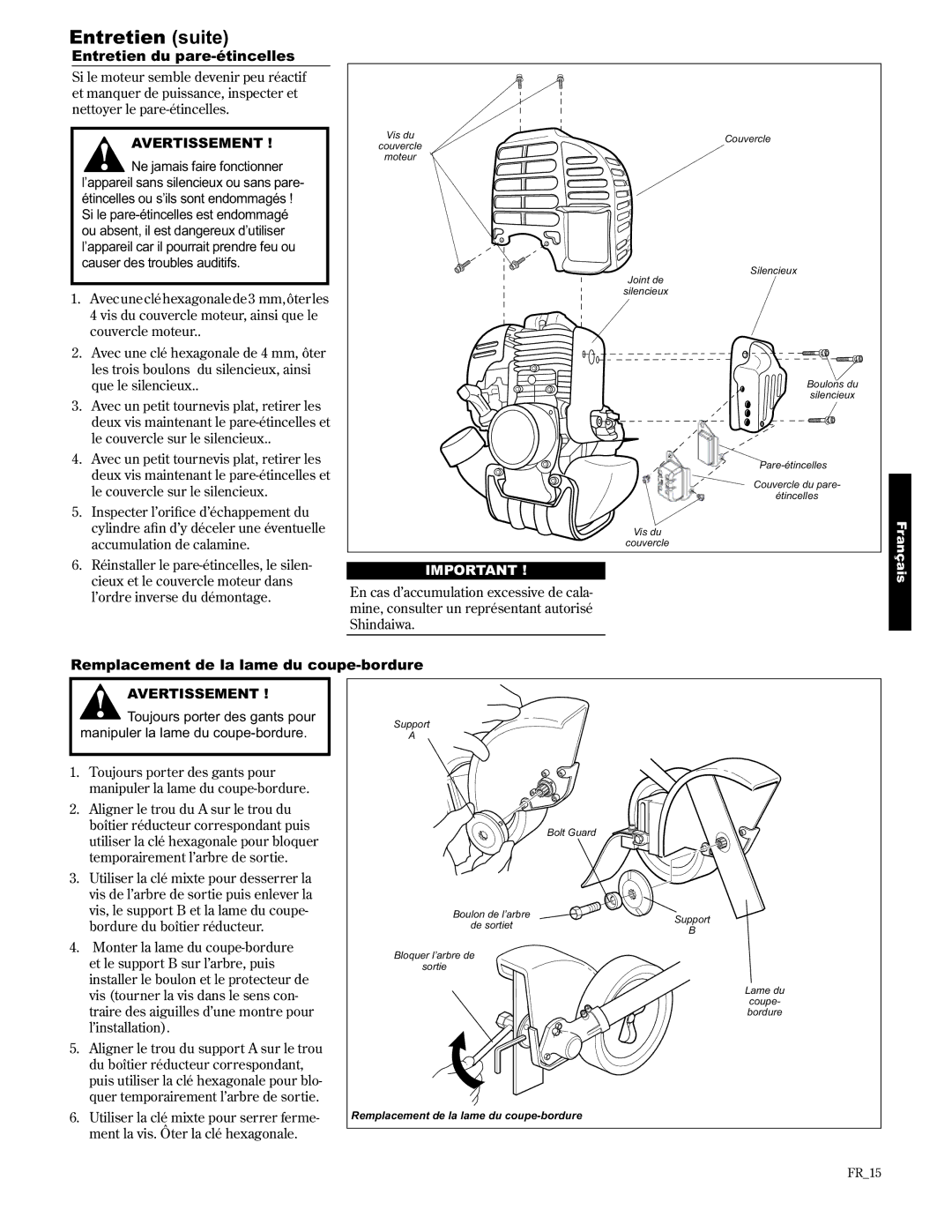 Shindaiwa 89307, LE2510/EVC manual Entretien du pare-étincelles, Remplacement de la lame du coupe-bordure 