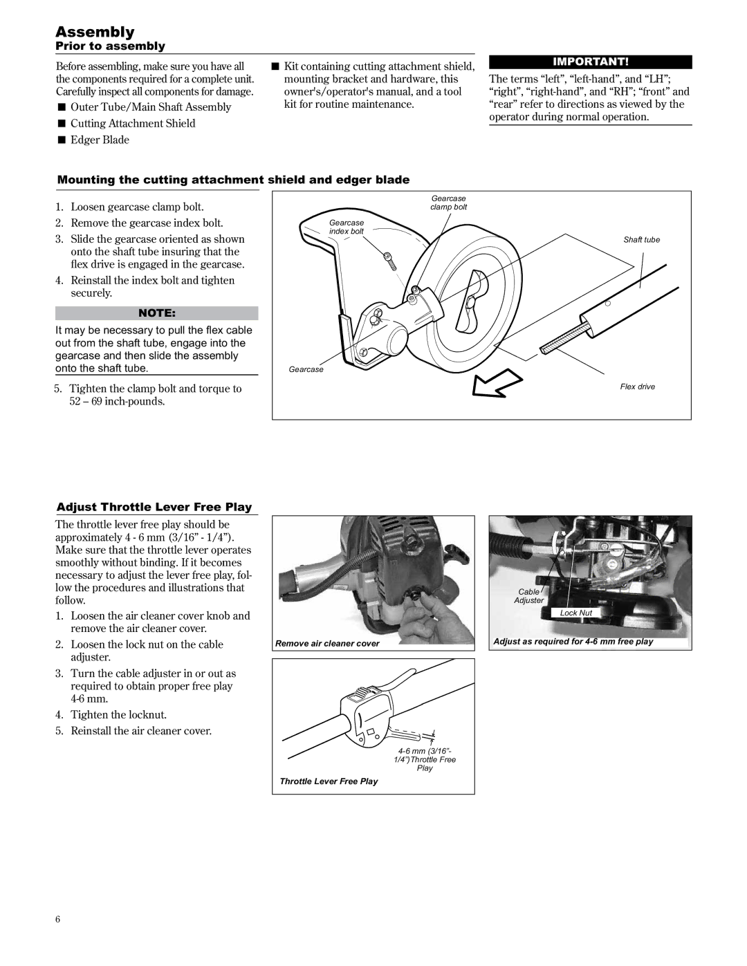 Shindaiwa LE2510/EVC, 89307 manual Assembly, Prior to assembly, Mounting the cutting attachment shield and edger blade 