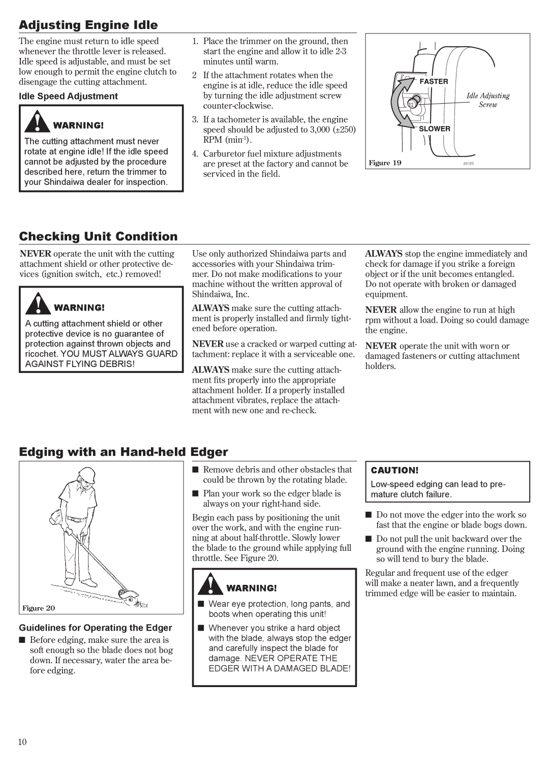 Shindaiwa LE261 Adjusting Engine Idle, Checking Unit Condition, Edging with an Hand-held Edger, Idle Speed Adjustment 