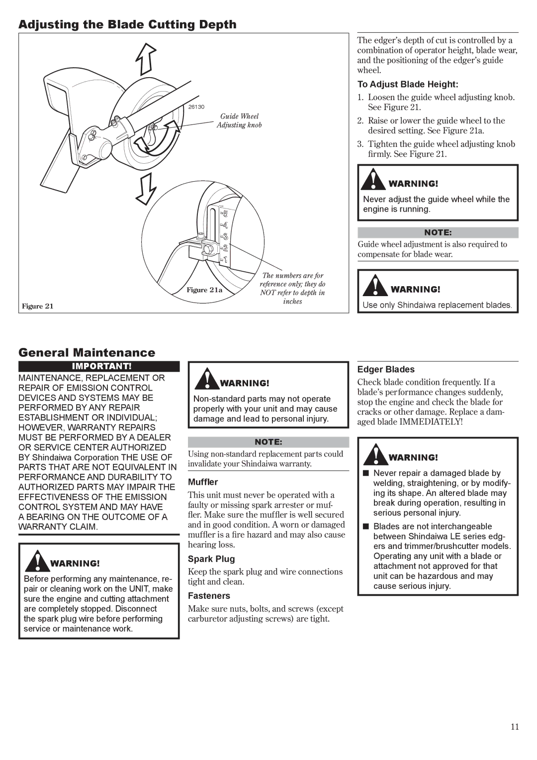 Shindaiwa LE261/EVC manual Adjusting the Blade Cutting Depth, General Maintenance 