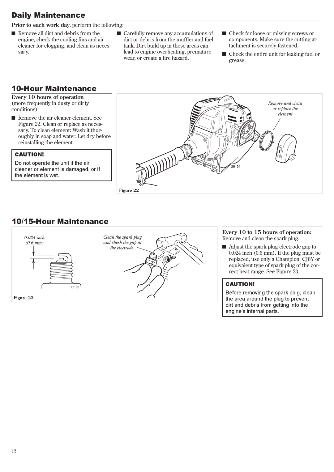 Shindaiwa LE261/EVC manual Daily Maintenance, 10/15-Hour Maintenance 