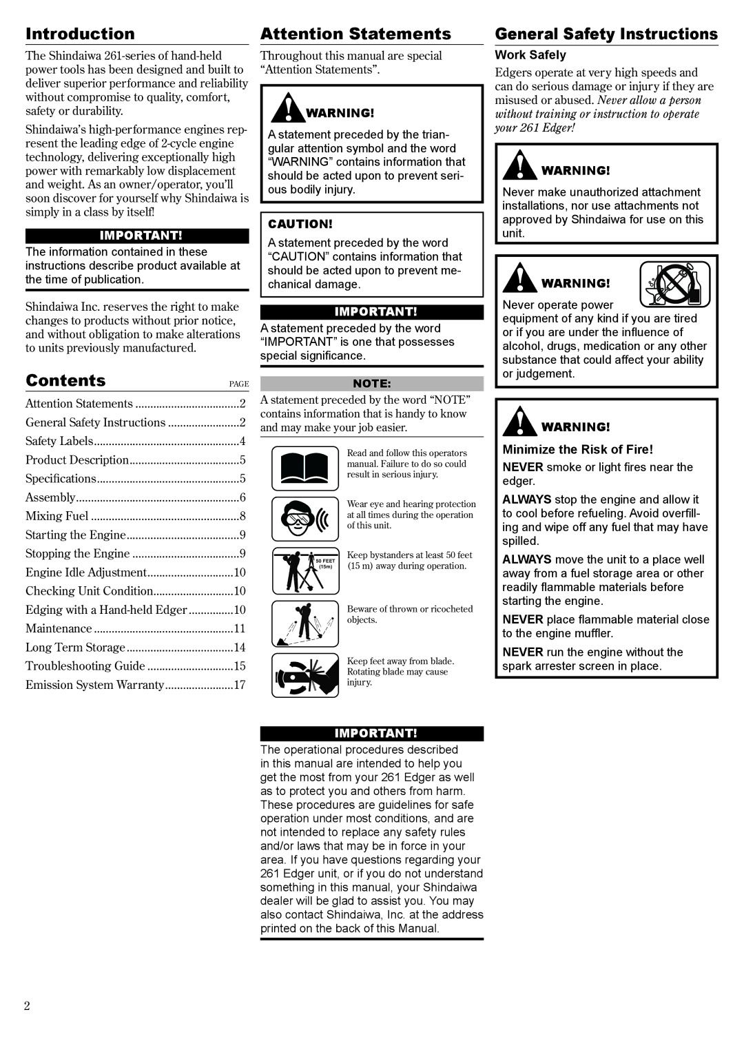 Shindaiwa LE261/EVC manual Introduction, Contents, General Safety Instructions 