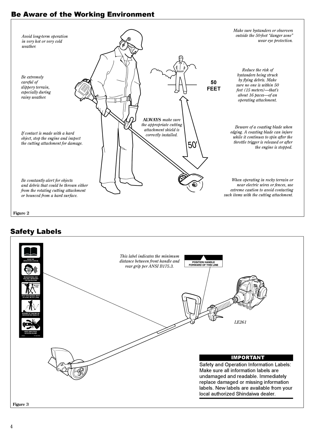 Shindaiwa LE261/EVC manual Be Aware of the Working Environment, Safety Labels 