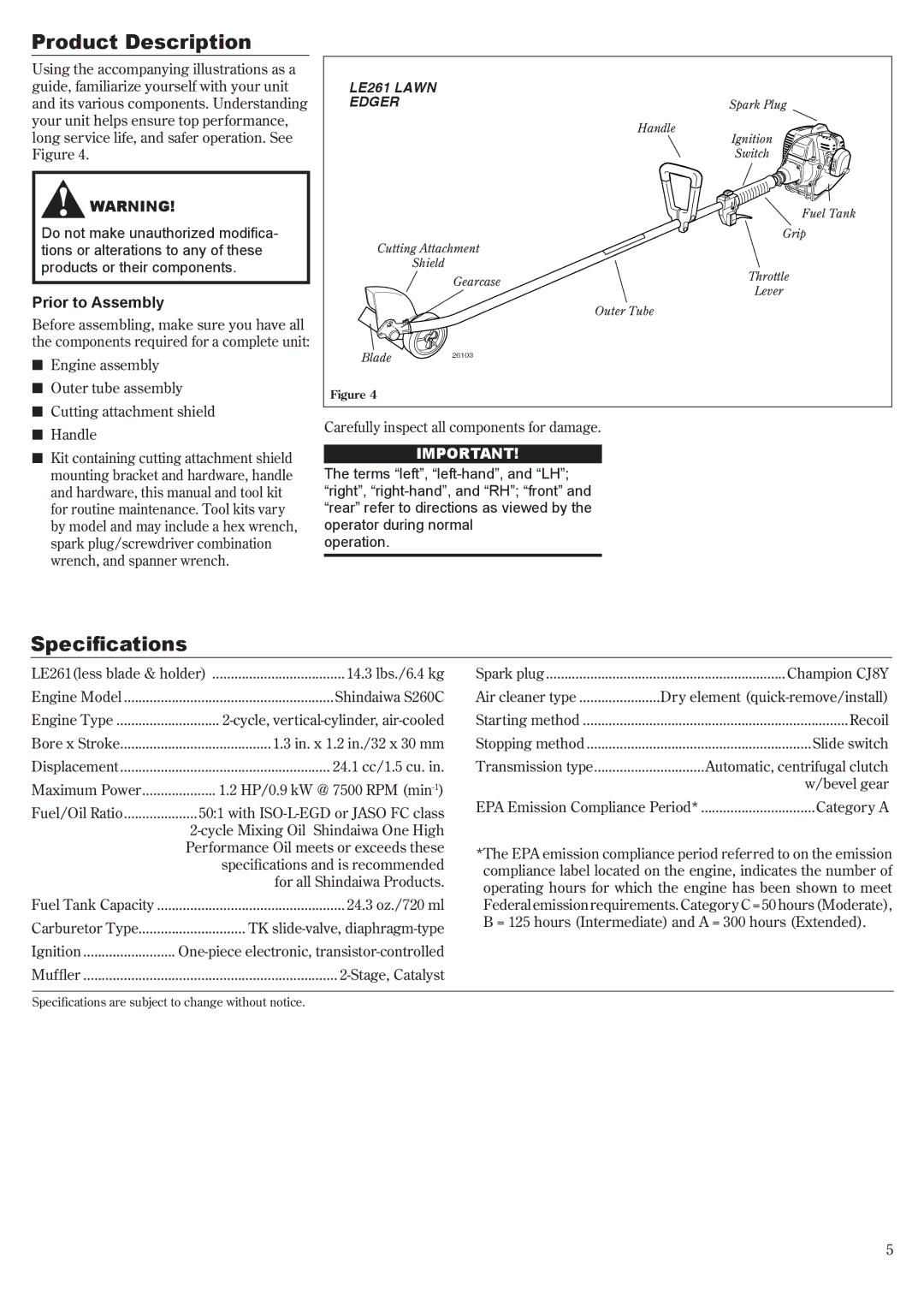 Shindaiwa LE261/EVC manual Product Description, Specifications, Prior to Assembly 