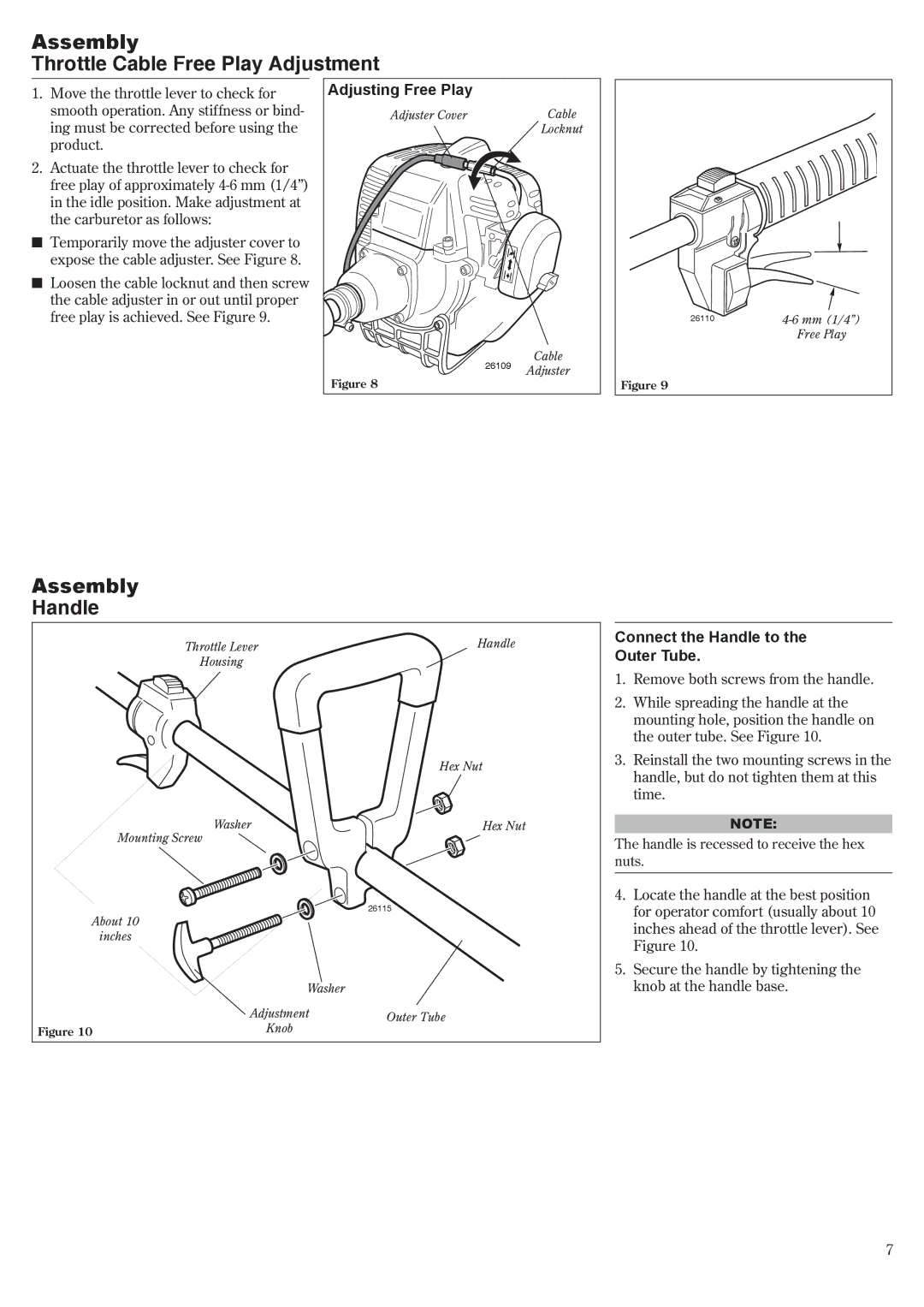 Shindaiwa LE261/EVC manual Assembly Throttle Cable Free Play Adjustment, Assembly Handle, Connect the Handle to Outer Tube 