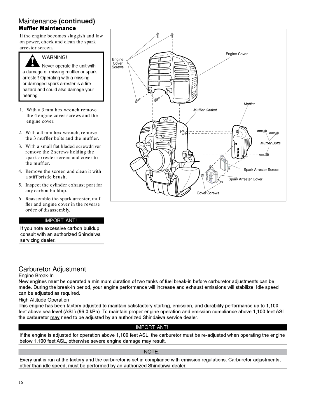 Shindaiwa M254 manual Carburetor Adjustment, Muffler Maintenance, Engine Break-In, High Altitude Operation 