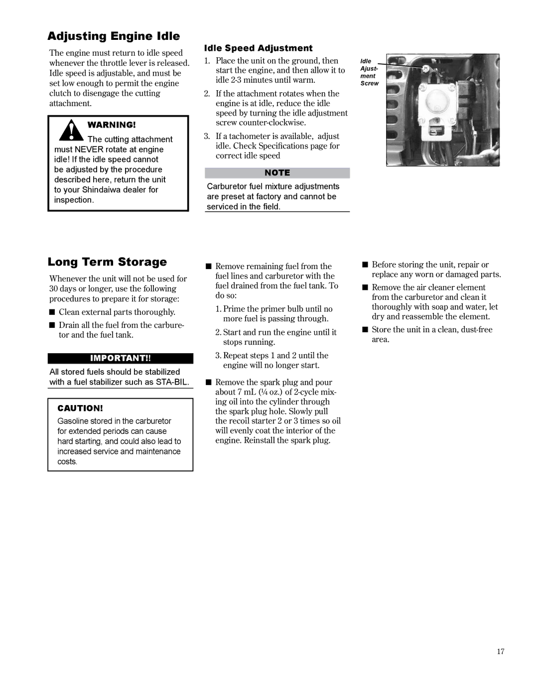 Shindaiwa M254 manual Adjusting Engine Idle, Long Term Storage, Idle Speed Adjustment 