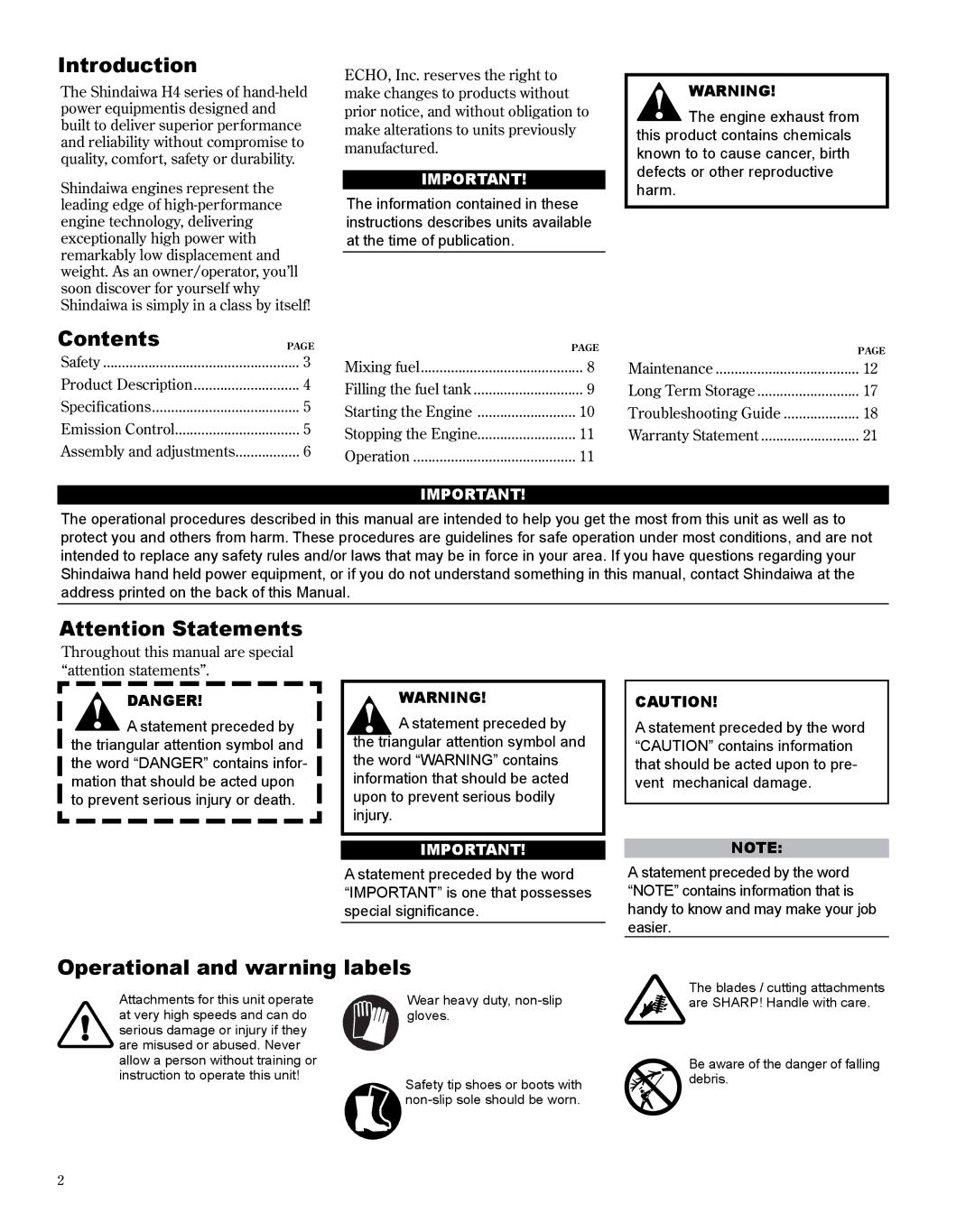 Shindaiwa M254 manual Introduction, Contents, Operational and warning labels 