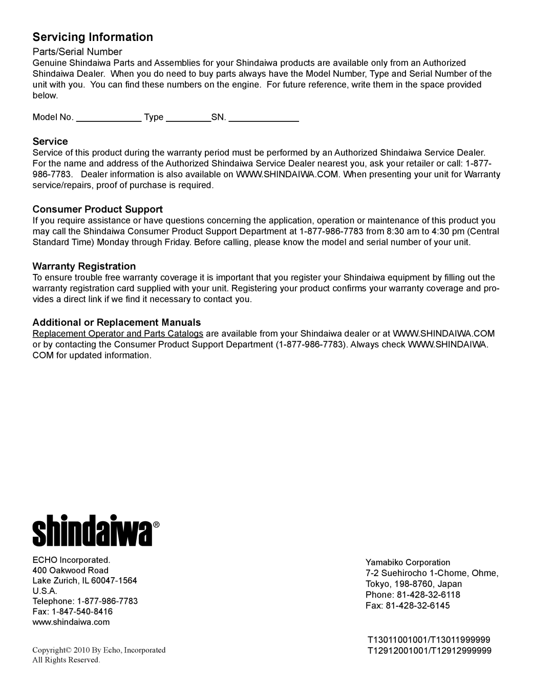 Shindaiwa M254 manual Servicing Information, Parts/Serial Number 