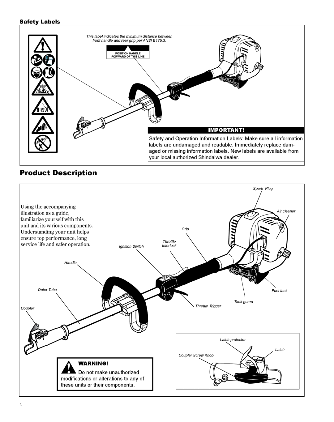 Shindaiwa M254 manual Product Description, Safety Labels 