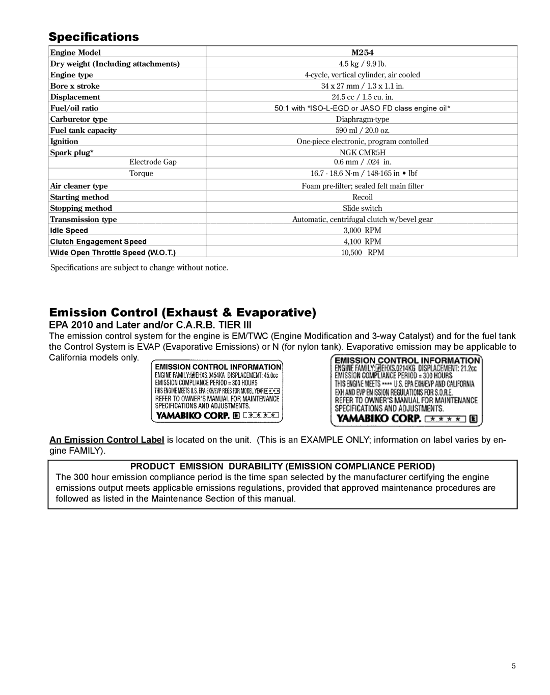 Shindaiwa M254 manual Specifications, Emission Control Exhaust & Evaporative 