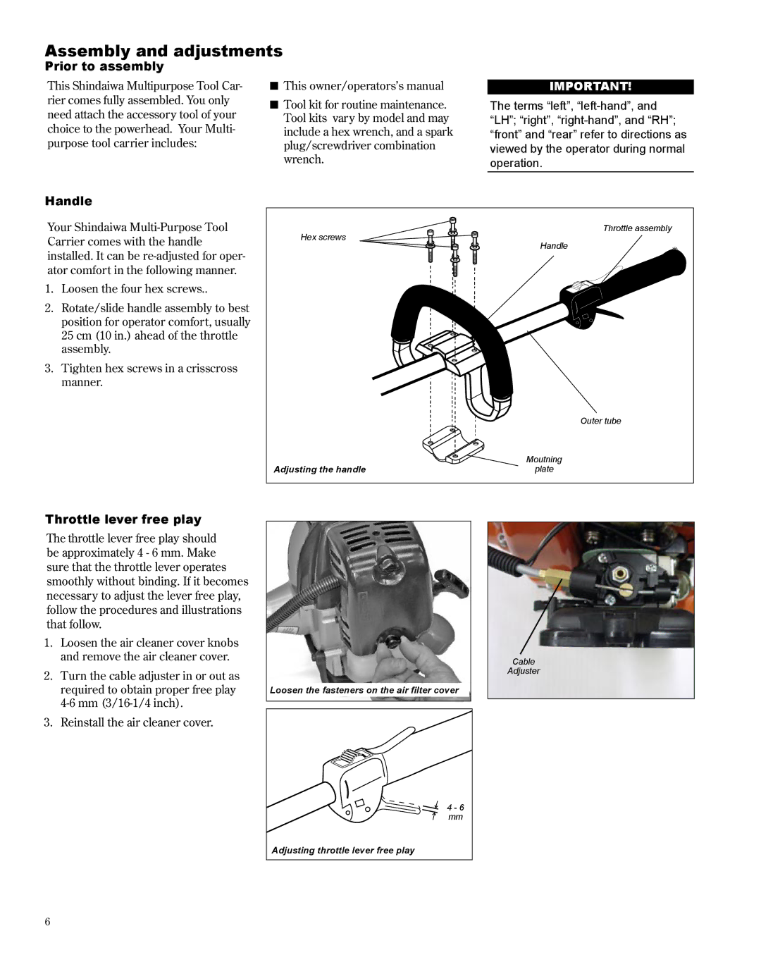 Shindaiwa M254 manual Assembly and adjustments, Prior to assembly, Handle, Throttle lever free play 