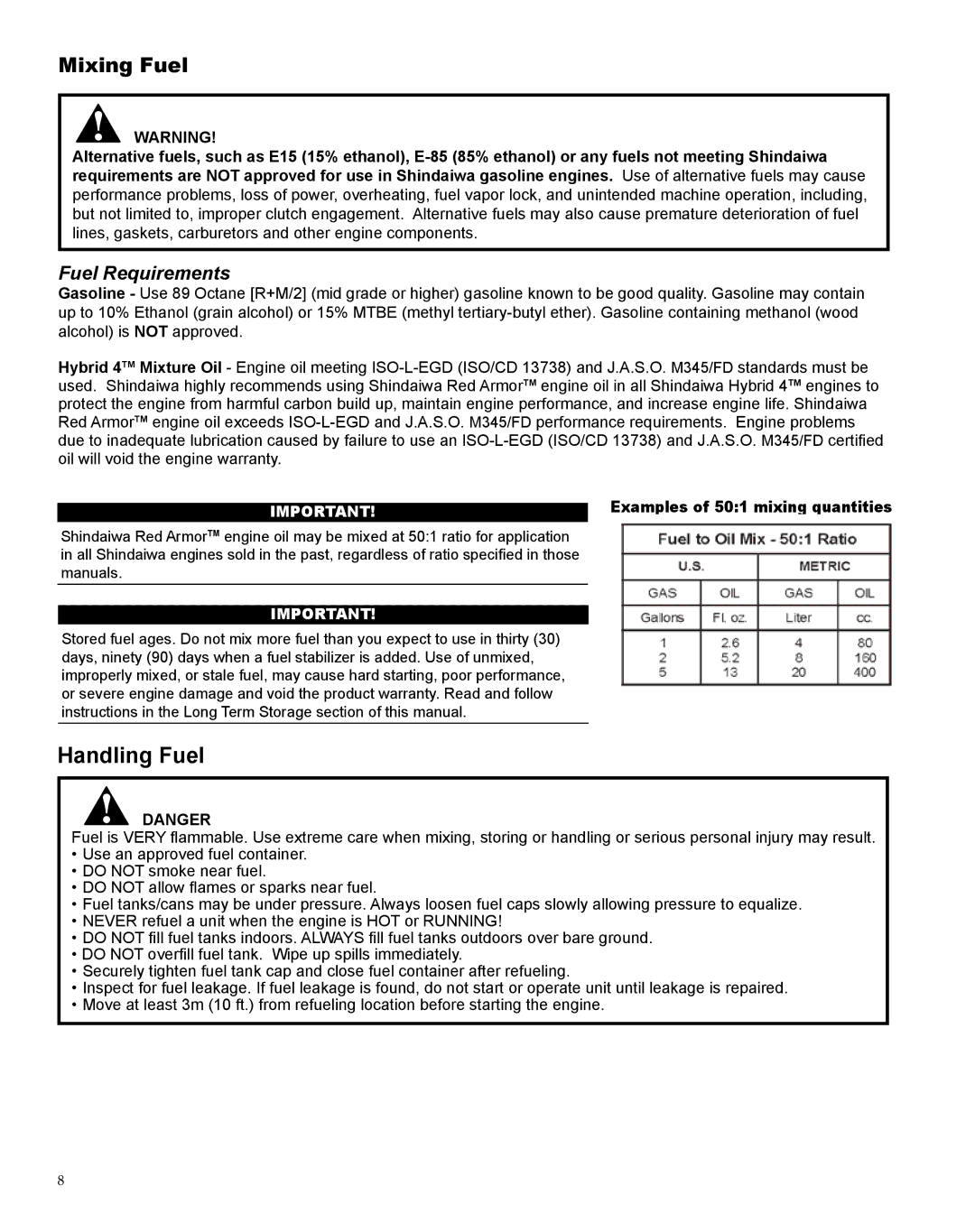 Shindaiwa M254 manual Mixing Fuel, Fuel Requirements 