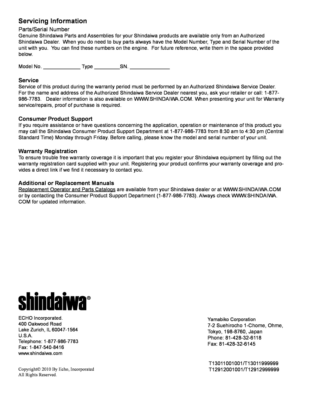 Shindaiwa M254 manual Servicing Information, Service, Consumer Product Support, Warranty Registration, Parts/Serial Number 