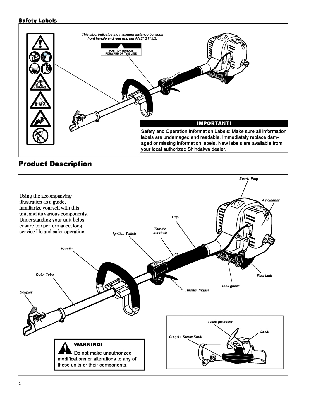 Shindaiwa M254 manual Product Description, Safety Labels 