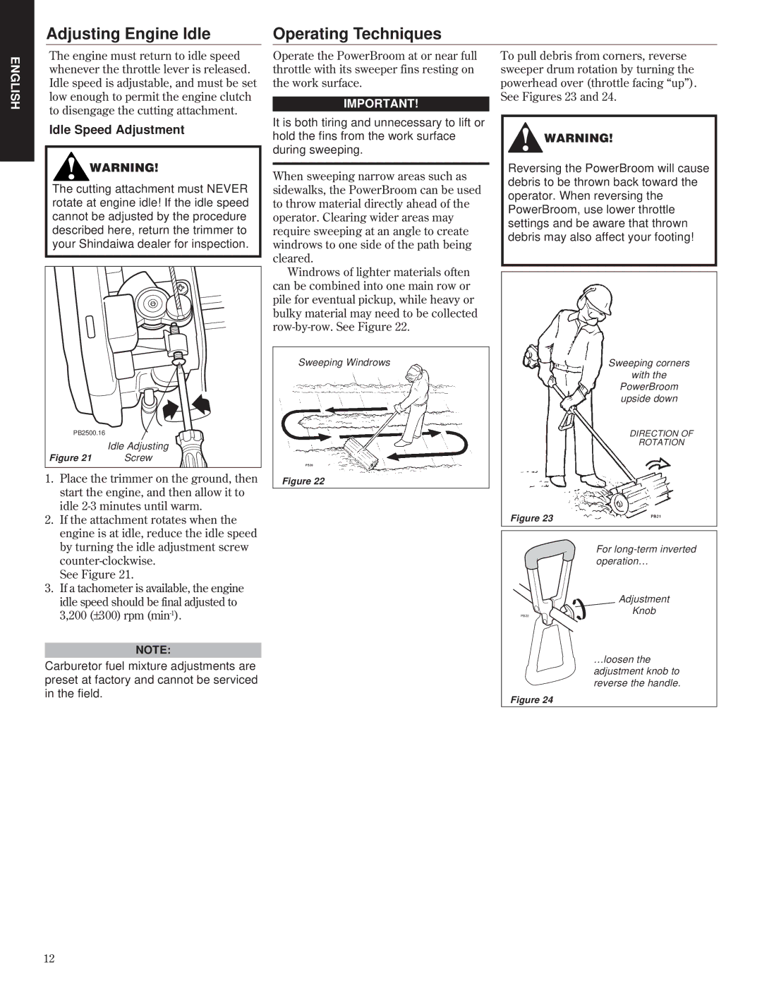 Shindaiwa PB2500, 80732 manual Adjusting Engine Idle Operating Techniques, Idle Speed Adjustment 