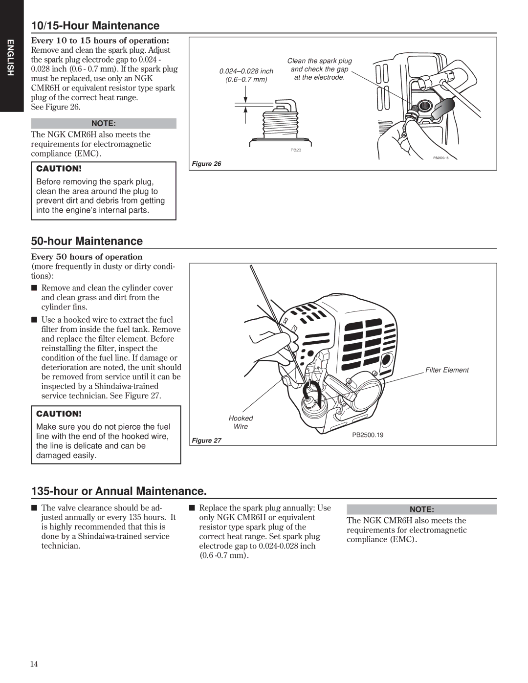 Shindaiwa PB2500, 80732 manual 10/15-Hour Maintenance, Hour or Annual Maintenance 